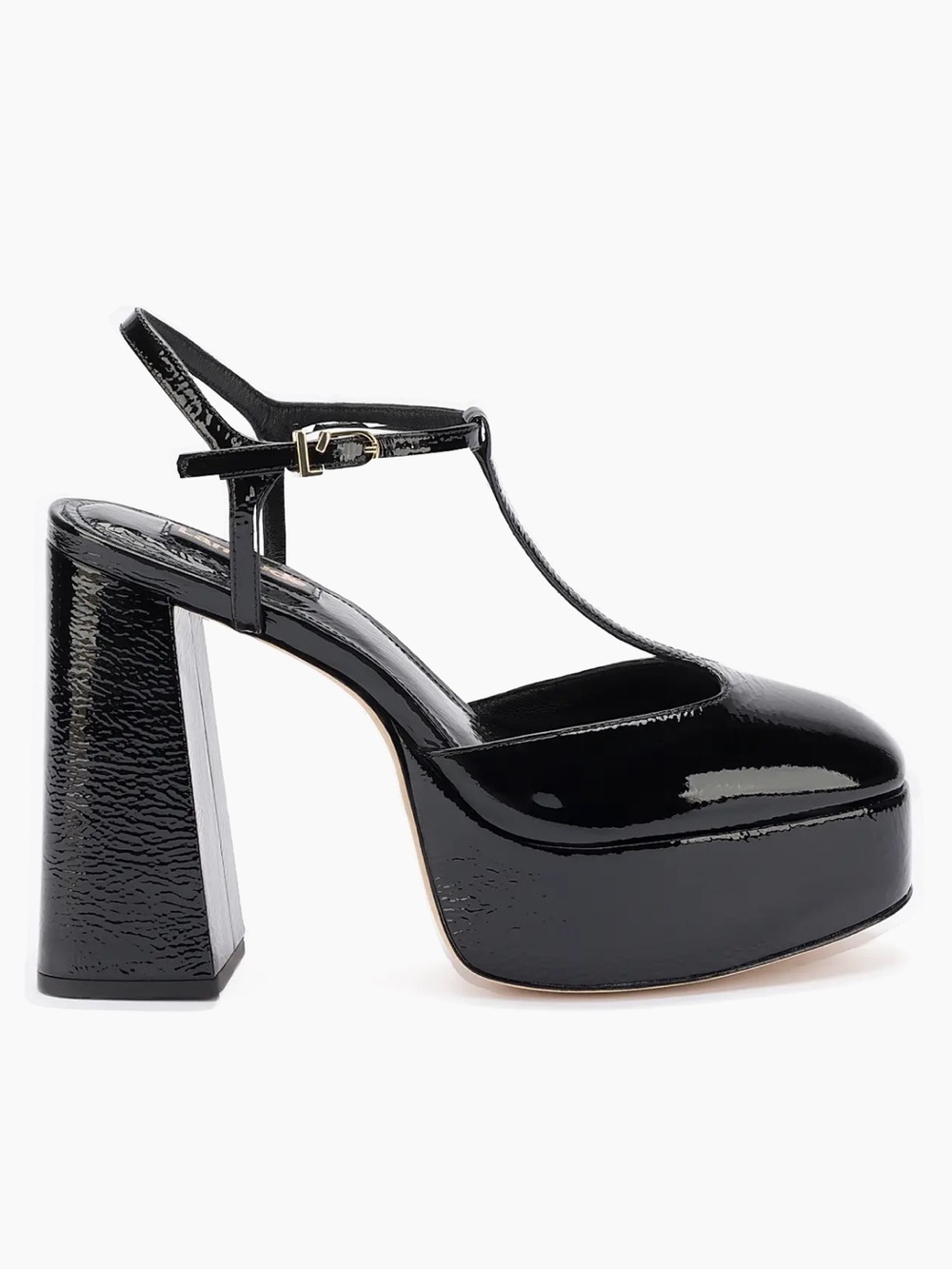 BRAND NEW Black Patent Platform T-Strap High Heel Pump w Box and dust covers.